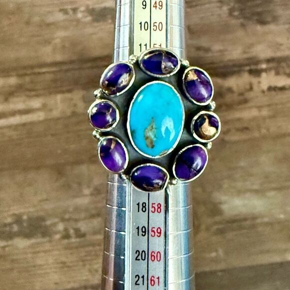 Southwestern Kingman & Purple Mojave Turquoise Cluster Ring Sterling Silver Sz 6 - Picture 3 of 5